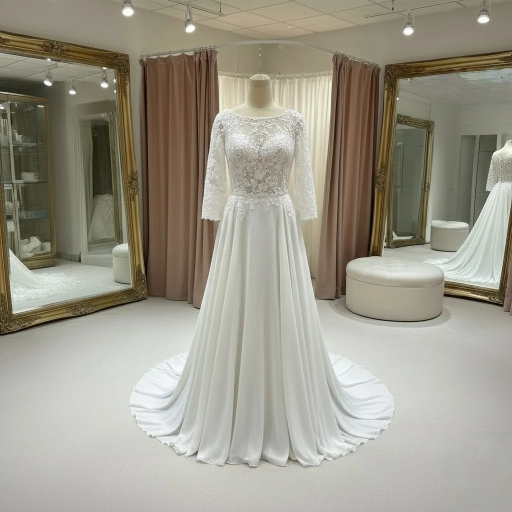 Elegant Long Sleeve Wedding Dress 2026 Chiffon A-Line Lace Appliques Bridal Gown O-Neck Sweep Train Vestido De Novia Civil Beach