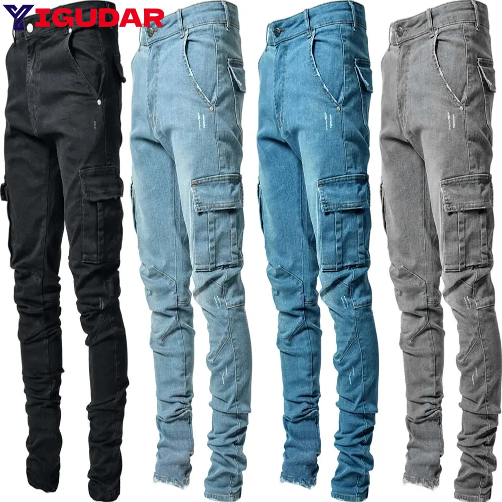 

Уличная одежда, мужские джинсы, эластичные джинсы, повседневные мужские джинсы с карманами, однотонные облегающие узкие брюки, модные спортивные брюки для бега в стиле Харадзюку