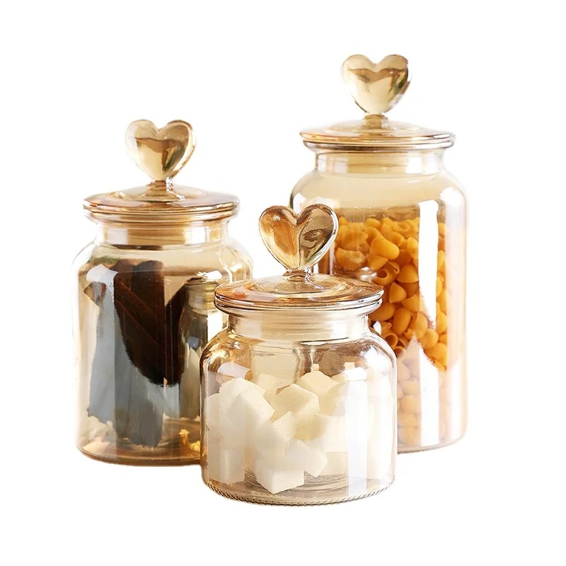 Amber Heart Glass Bottle Sealed Jar with Lid Kitchen Food Storage Container Nut Coffee Bean Candy Jar Clear Glass Box Home Decor