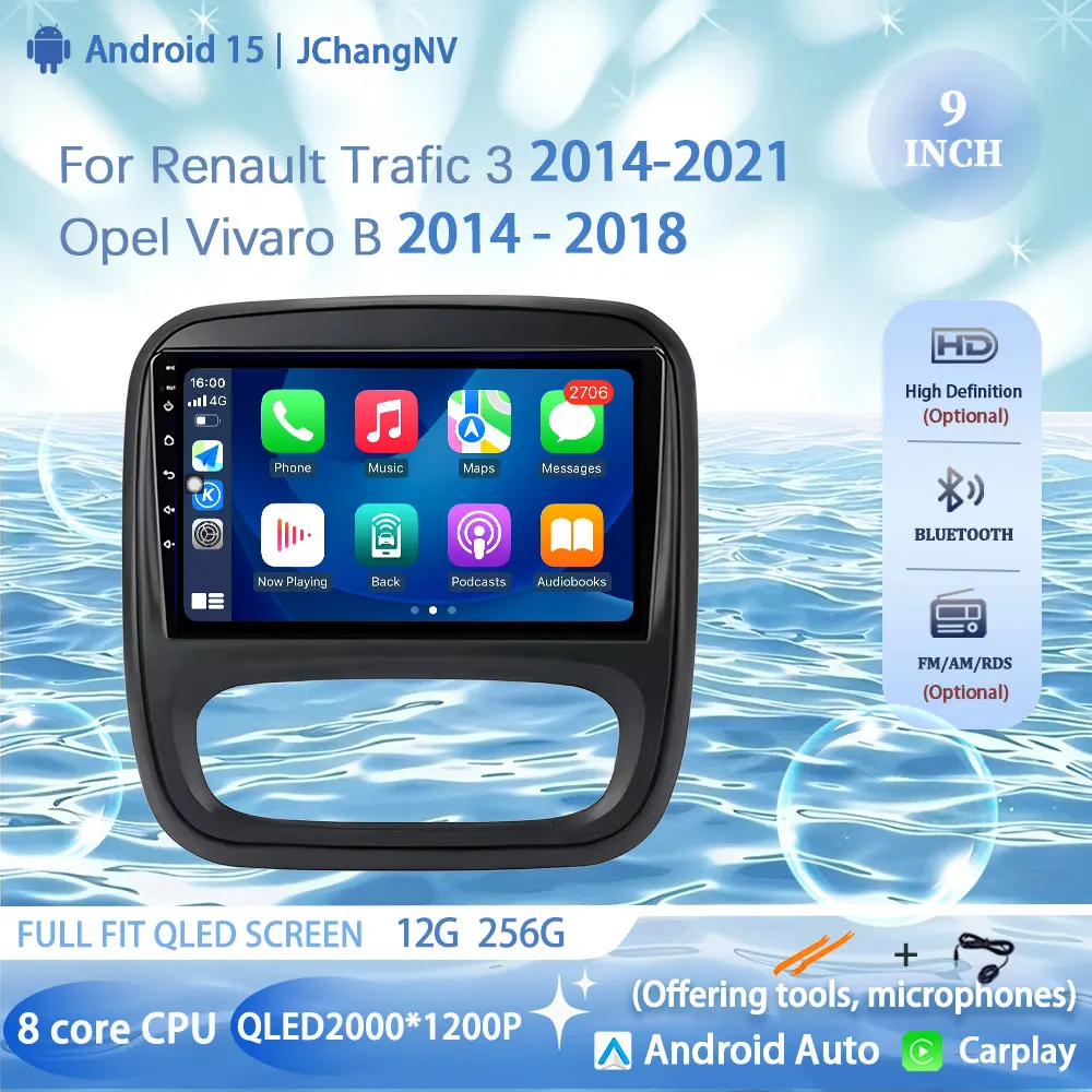 

9" Car Radio Carplay For Renault Trafic 3 2014-2021 Opel Vivaro B 2014 - 2018 Android 15 Navigation GPS No 2din 4G BT