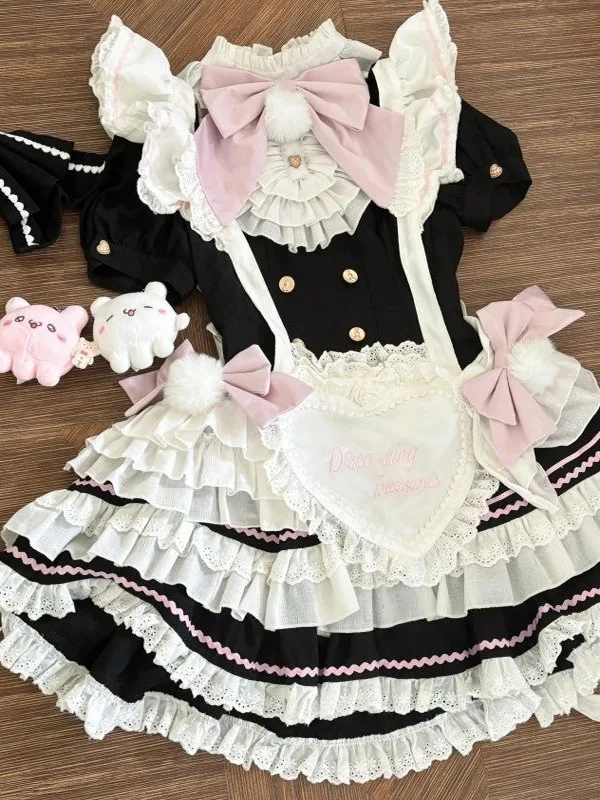 

Cute Lolita Dr Skirt Set Bla White Puffy Princ Sle with Heavy Work Heart Apron Two Piece Set for Young Women
