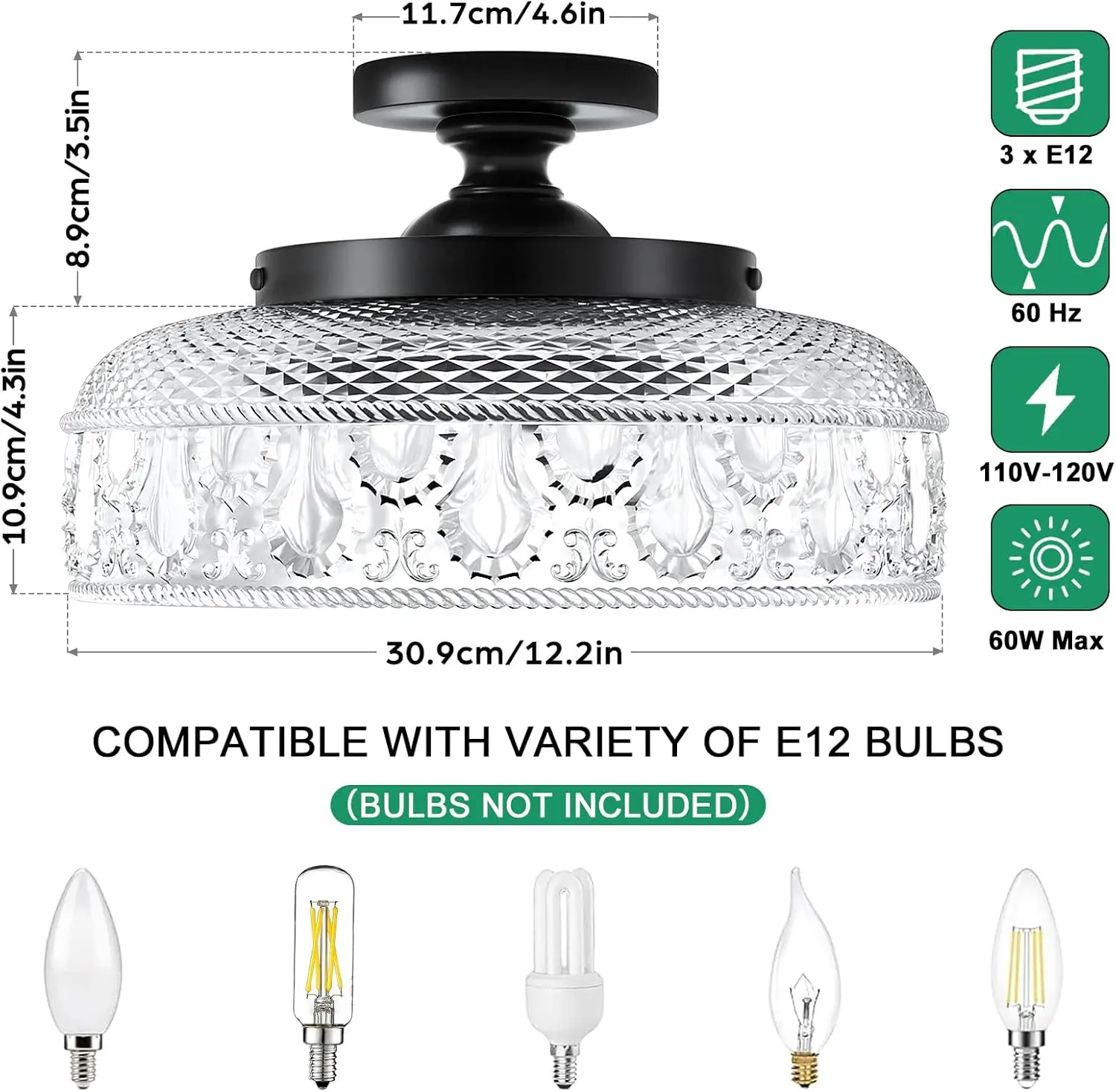 Lamomo-luz de techo de montaje Semi empotrado, accesorio de luz de pasillo negro más grande mejorado, globo de cristal de 3 bombillas cerca de la luz de techo