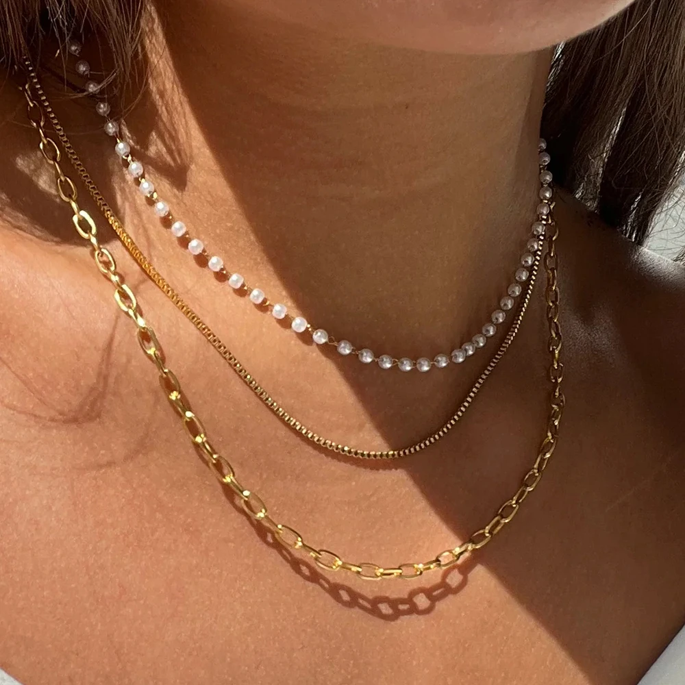

YHTOT Minimalist 18K Gold Color Plated Stainless Steel Three Layer Multi Layer Necklace Base Chain Necklace Women's Jewelry
