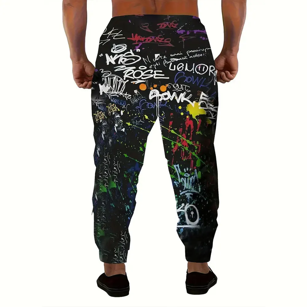 2024 New Fashion Graffiti Printed Sweatpants Men's Large Size Loose Casual Pocket Drawstring Sweatpants Winter Thick Warm Pants