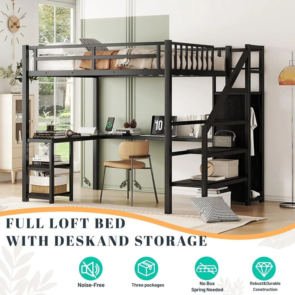 Full Size Loft Bed with Stairs and Desk, Metal Loft Bed with LED Light,  Bed Frame with Storage Shelves and Charging Station