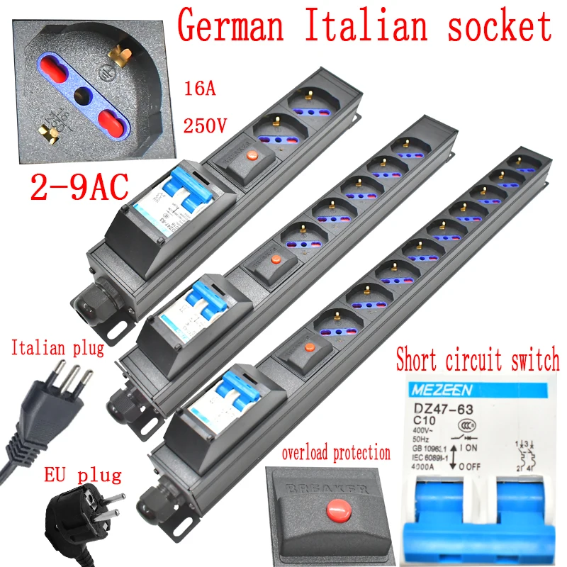 

Aluminum alloy PDU power board 2-9 units short circuit switch German Italian socket 2m power cord with overload protection