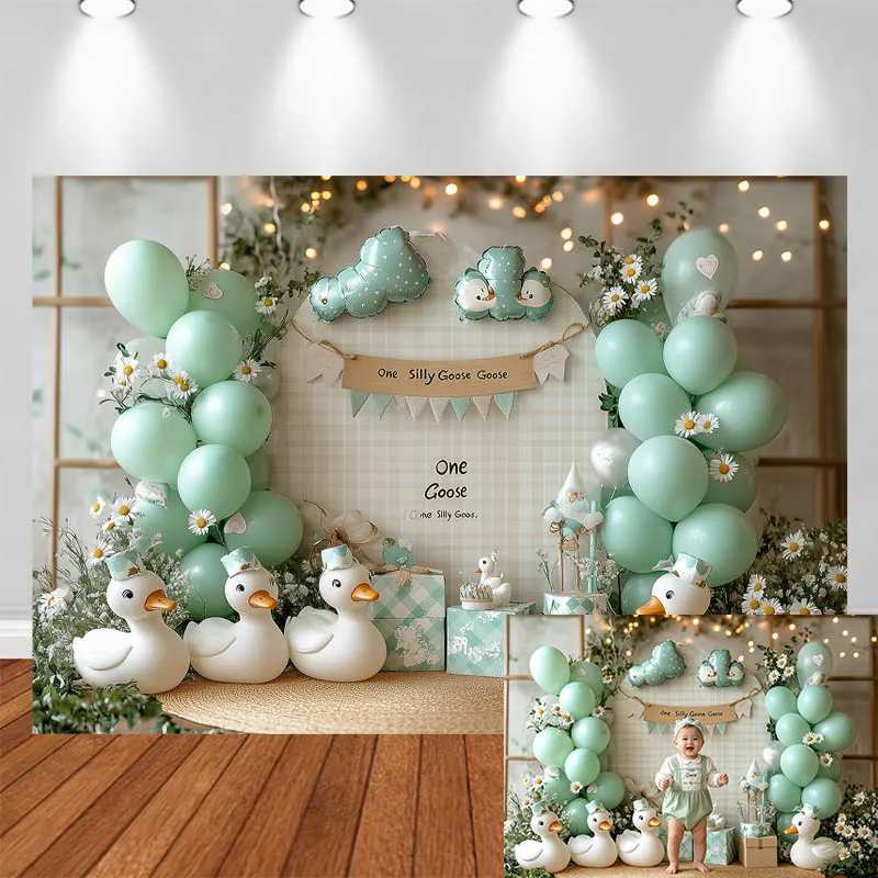 LS Photography Backdrop Green Balloon White Duck Floral Decor Birthday Baby Shower Cake Smash Kids Portrait Photo Background