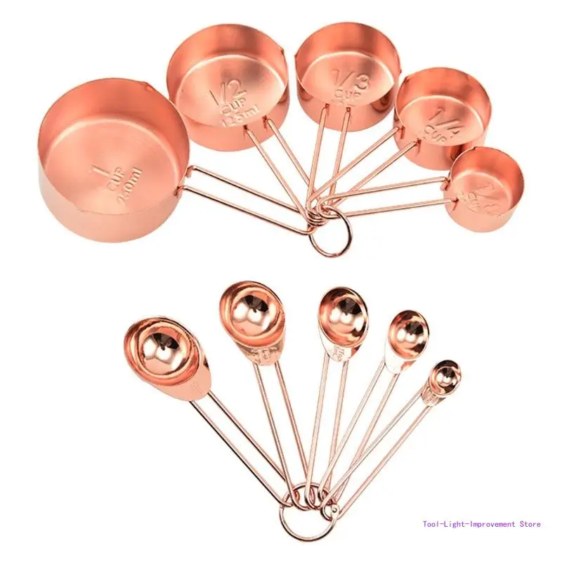 

C63E Stainless Steel Rose Gold Measuring Spoons Cups Set Engraved Marking Ruler Scale Stackable Tablespoon Kitchen Cooking