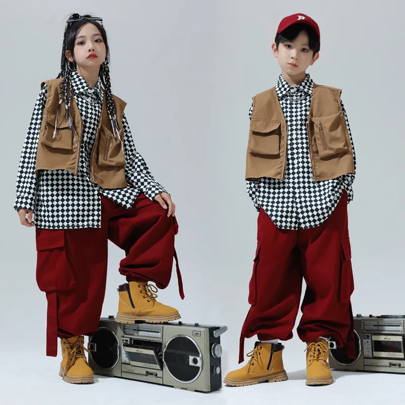 

Children Hip Hop Clothes Sets Khaki Vest + Plaid Shirt + Cargo Pants Kids Boys Street Dance Costume Girls Jazz Performance Suit