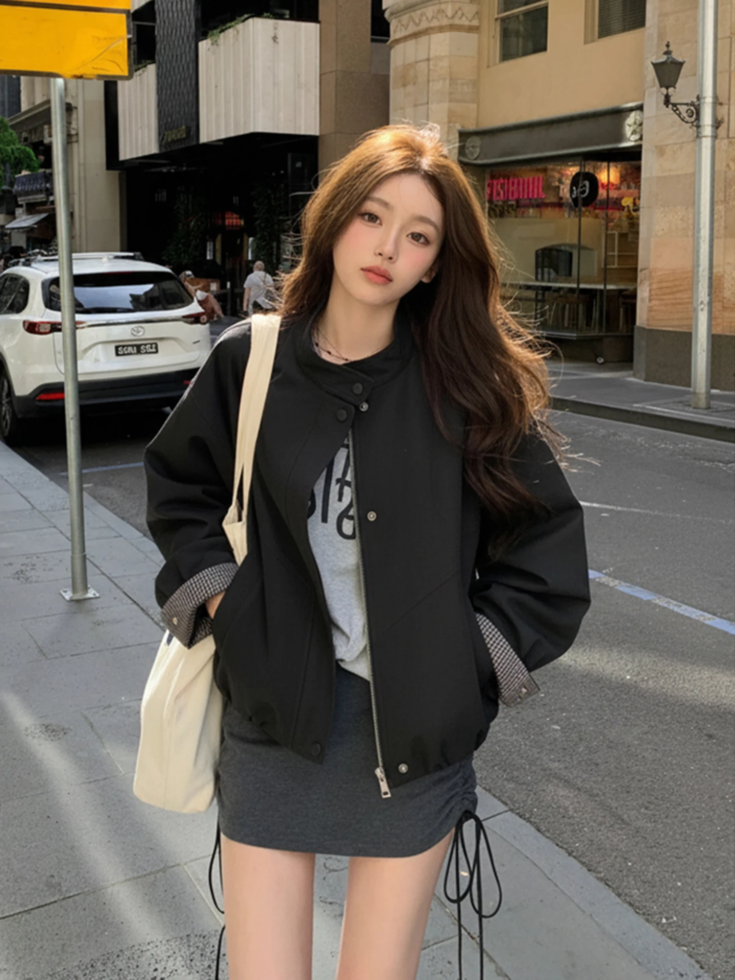 

Chic Vintage ort Zipper Leather Jaet Stand Collar Loose Women's Versatile Autumn Faion Commute Sle Small Size Friendly