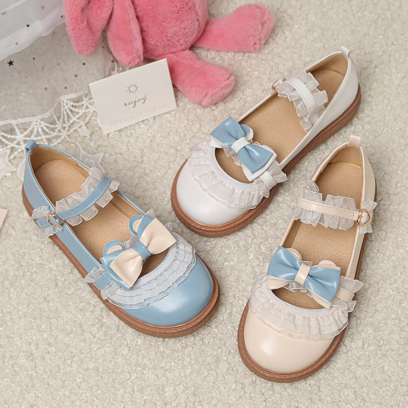 Contrast Color Fashion Sweet Lolita Shoes School Girls Bow Lace Flat Heel Pumps Strap Buckle Japanese Kawaii Princess Cosplay