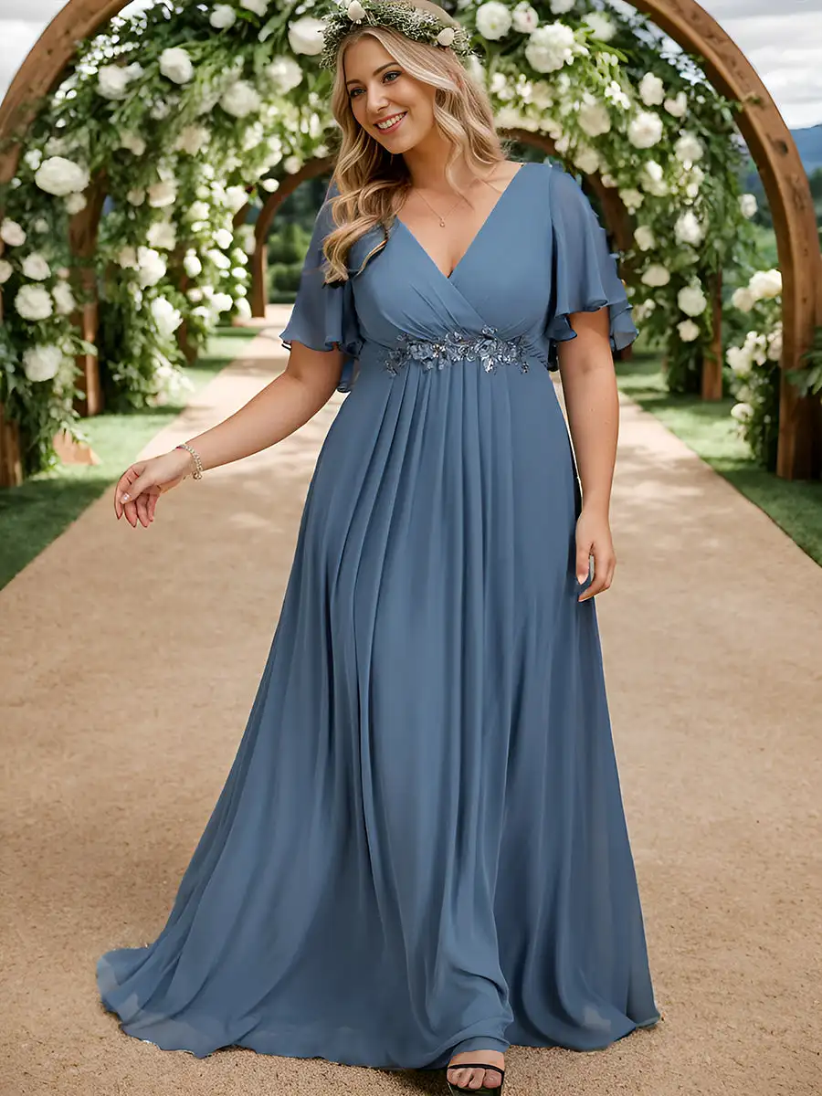 

Plus size Evening Dress V Neck Appliques Pleated Floor-Length 2024 Ever Pretty of Lace applique Dusty Navy Bridesmaid Dress