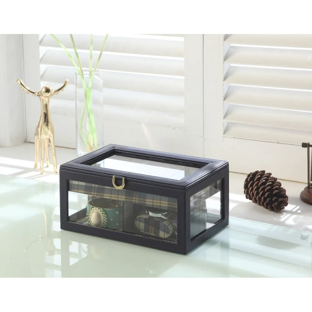 

9,8-дюймовый длинный футляр для ювелирных изделий из закаленного стекла и кожи/дисплей для часов, синий