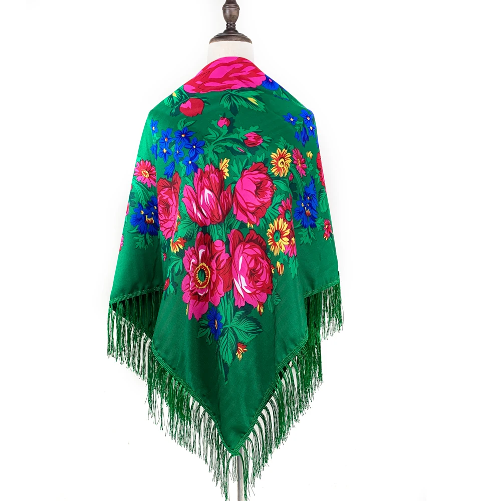 

110*110cm Ukrainian Fringed Shawl Russian Style Floral Print Square Scarf Babushka Bandana Handkerchief Female Head Wraps