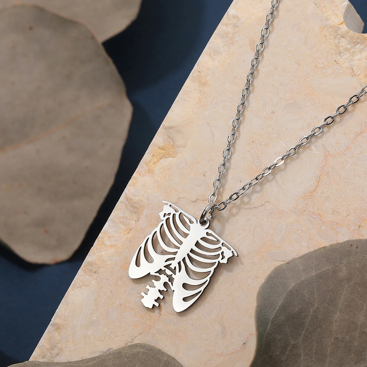 العصرية الشرير الهيكل العظمي Ribcage قلادة للنساء الرجال الفولاذ المقاوم للصدأ سلسلة الترقوة المختنق الفن خط الذكور المجوهرات هدايا الهالوين #4