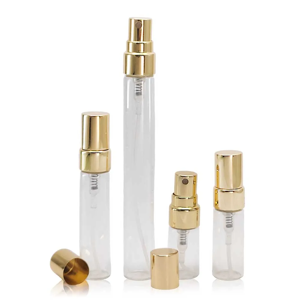 

20/30/50/100pcs 2ml 3ml 5ml 10ml Mini Gold Cap Perfume Bottle Sample Vials Empty Transparent Glass Mist Spray Bottle Atomizer