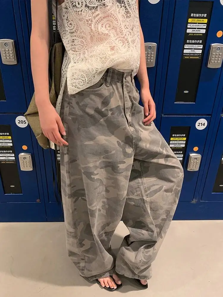 Fashion Camouflage Barrel Jeans Women's High Waist Wide Leg Denim Pants Spring Autumn New 72AE1