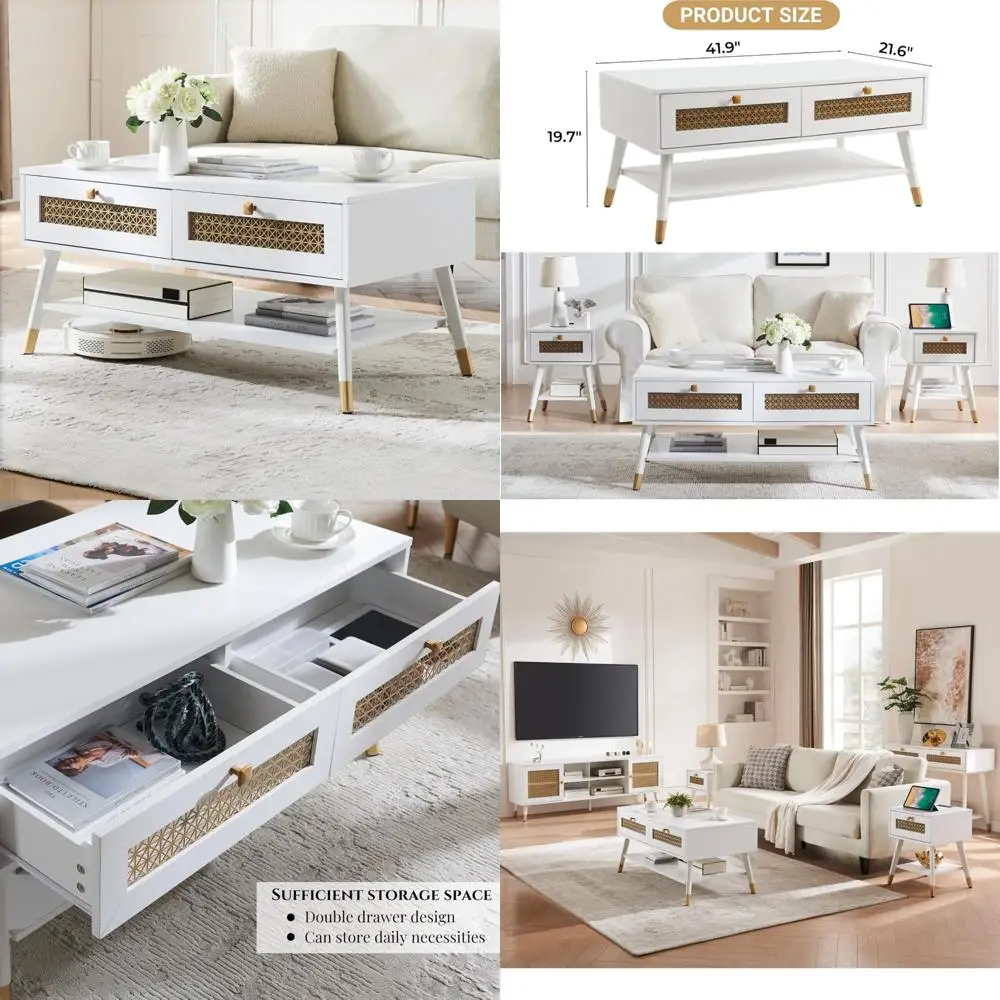 

Mid-Century Boho Style Coffee Table with Storage Drawers and Open Shelf, Gold Metal Accents for Home Living Room