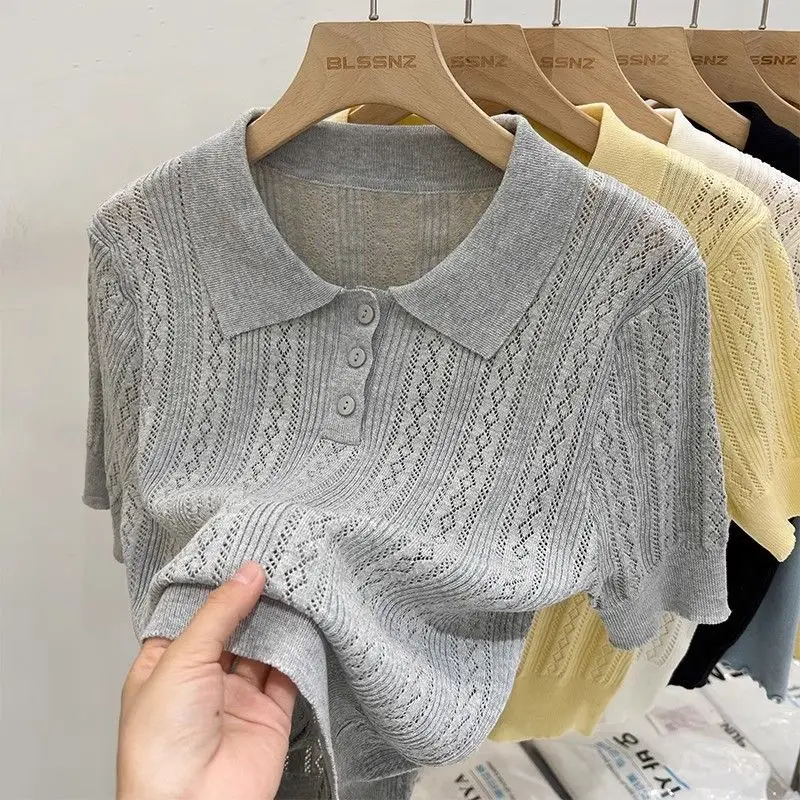Matakawa Solid Knitted T-shirts Hollow Out Thin Spring Summer Sweet T Shirt for Women Korean Fashion Elegant Ropa De Mujer image 2