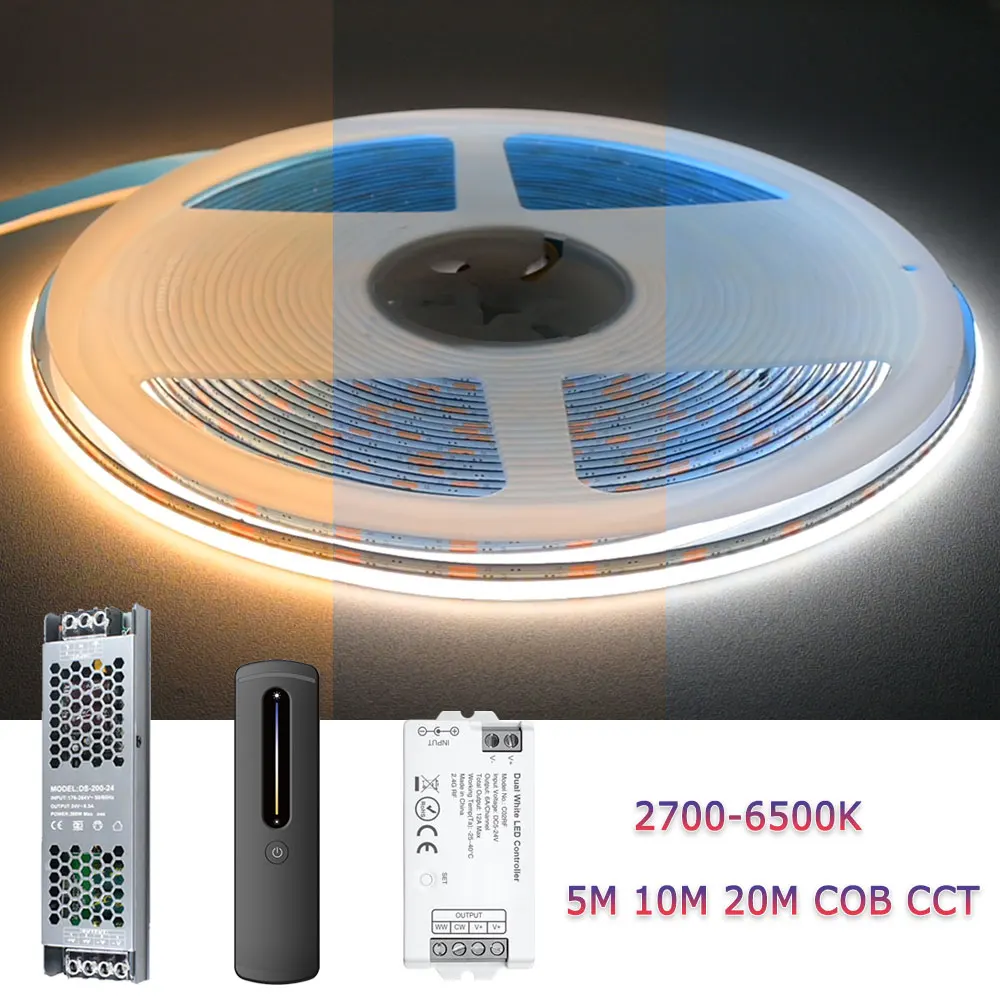 5M 10M 20M COB CCT Led Strip 24V Dual White Flexible Home Room Light Decor 2700-6500K Linear Tape 2.4G Dimming Remote Control