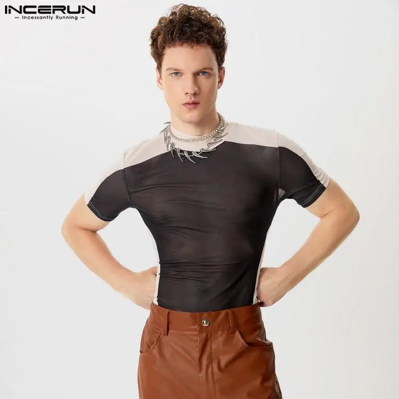 Party Clubwear Style Tops INCERUN Men Mesh Elastic See-through Print T-shirts Sexy Casual Male Thin Short Sleeved Camiseta S-5XL