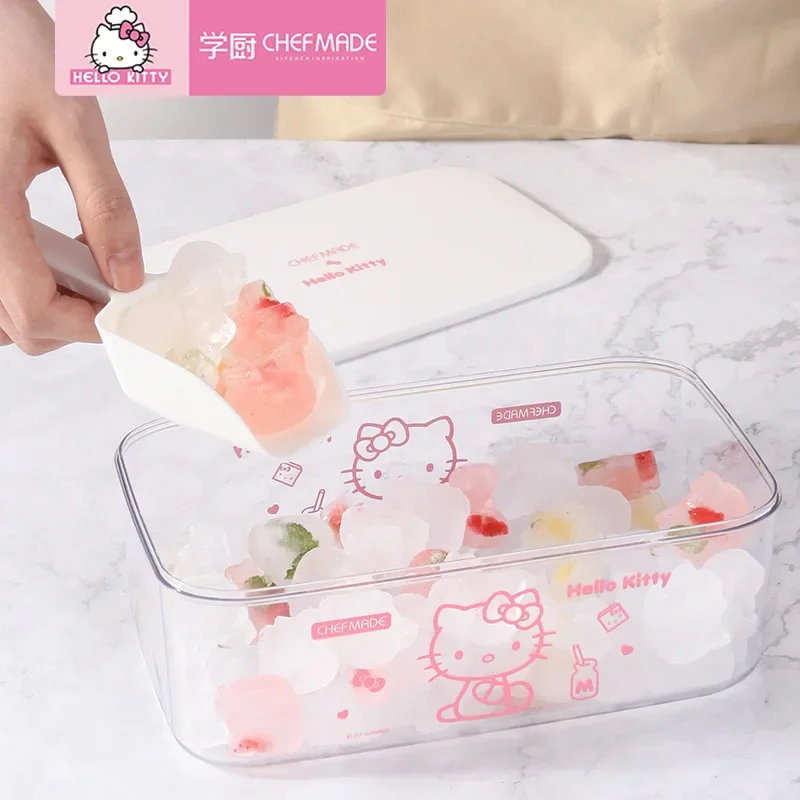 4pcs Sanrio Hello Kitty Cartoon Food Grade Silicone Press Ice Tray Ice Cube Mold Household Refrigerator Making Ice Storage Box