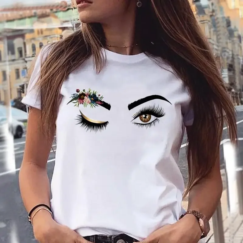 Printing Graphic T Shirt Women Eye Funny  Make Up Eyelash Style Cartoon Summer Female Clothes Fashion Print Tops Tees T-Shirt