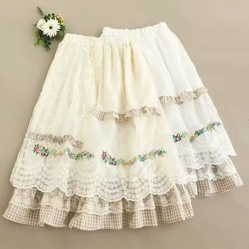 

TIYIHAILEY-White Cotton Linen Lace Long Mid-calf Skirts Elastic Waist A Line Beige Spring and Summer New Fashion Plaid Patchwork