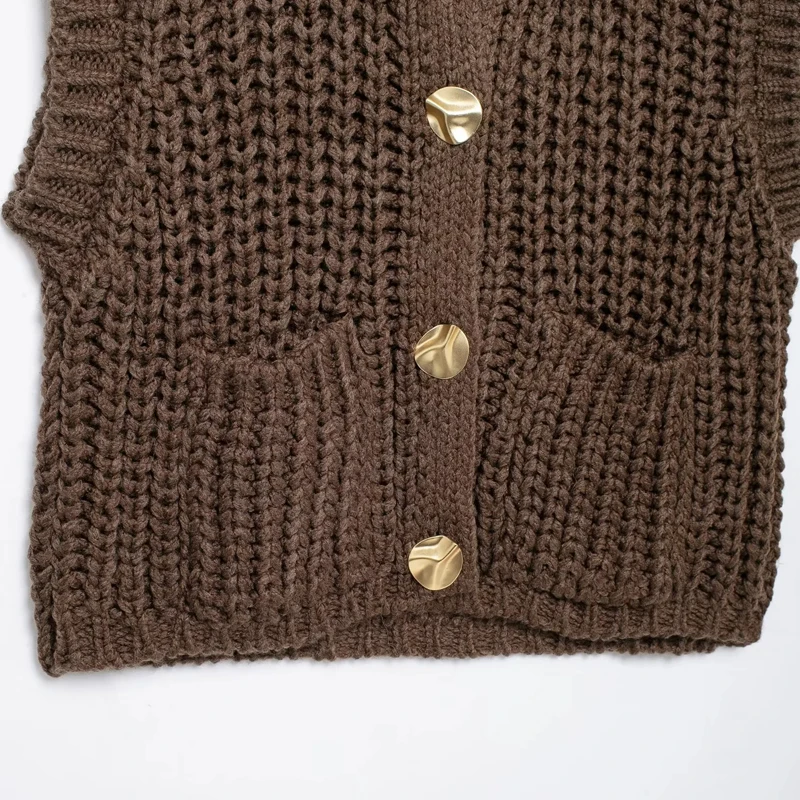 TRAF Women's Vest Outerwears Sleeveless Brown Sweater Knit Vest Women Preppy Cropped Sweaters Autumn Winter Vest Woman Knitwears image 6
