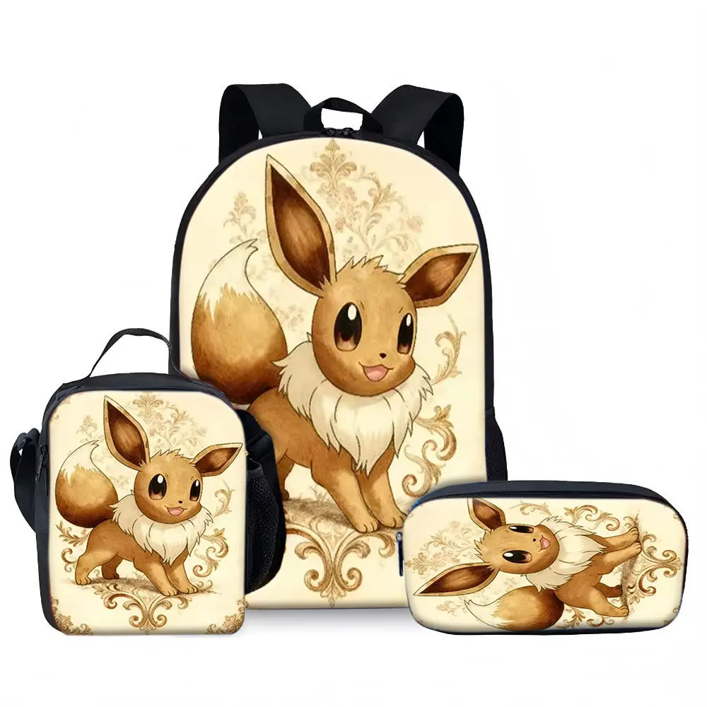 Kids Bag,Pokémon,Eevee 3pcs Backpack Set Vintage Canvas School Bag with Lunch Pouch & Pen Case for Boys Girls Travel
