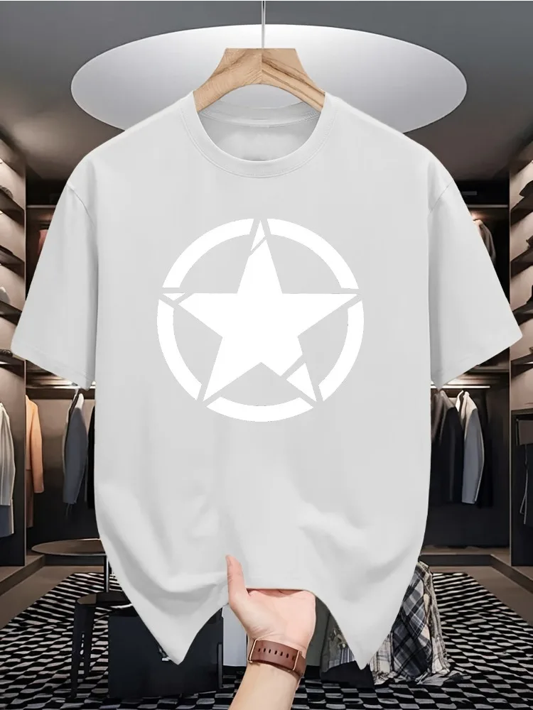 Minimal White Circle Star Graphic Mens Short Sleeve T Shirt Summer Crew Neck Loose Fit Retro Street Casual Daily Tops