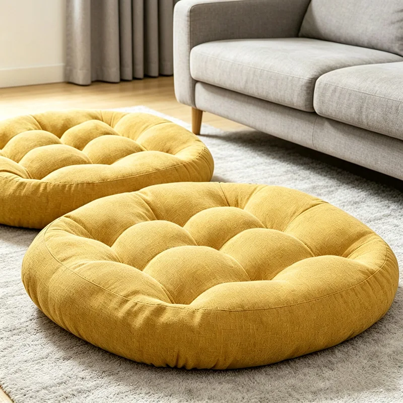 Japanese Faux Linen Floor Cushions Solid Thickened Round Tatami Pouf Ottoman Comfortable Anti-Scratch Anti-Skid Meditation Mat