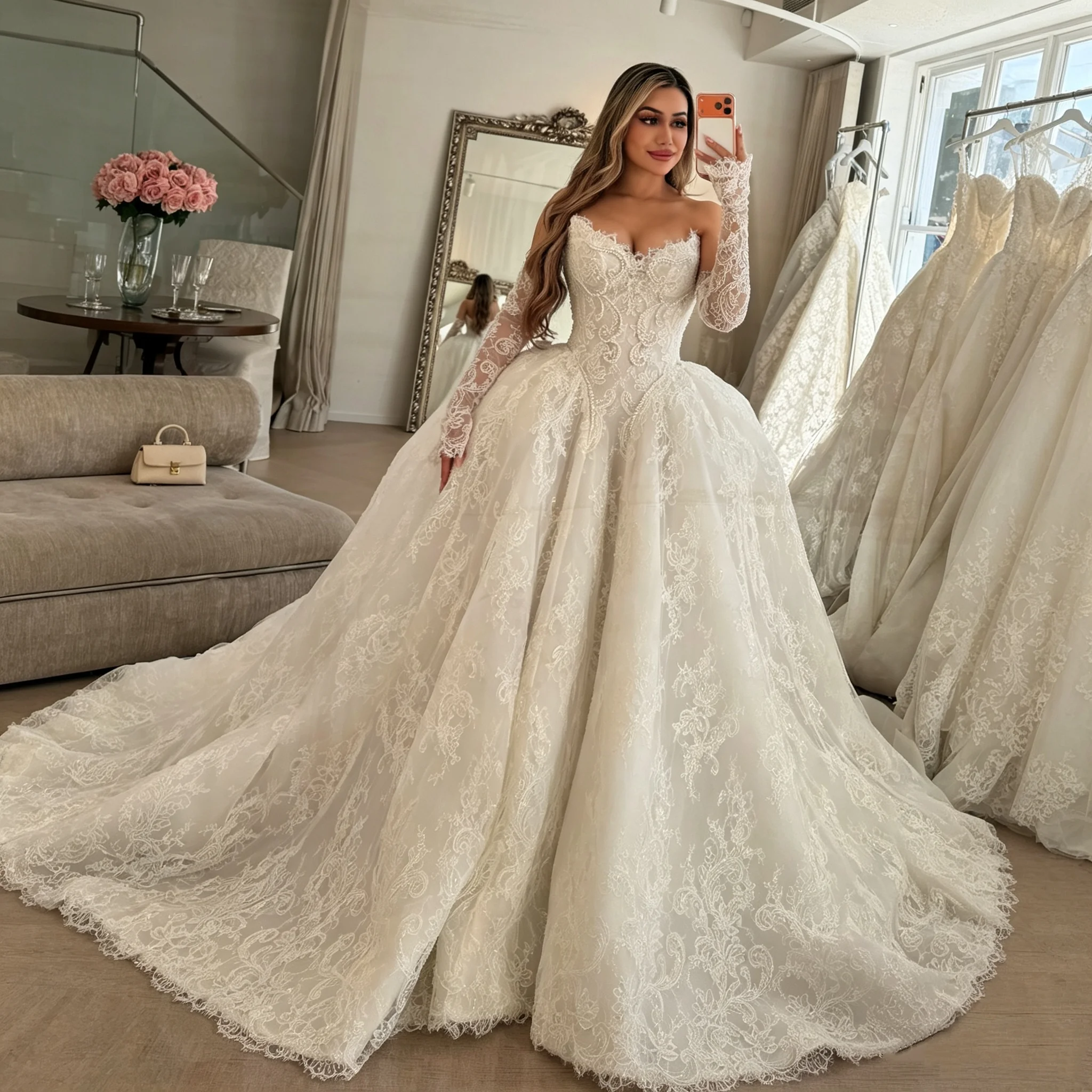 Luxury Sweetheart Collar Lace Wedding Dress Detachable Long Lace Gloves Bead Embroidery A-line Bridal Dress Customization