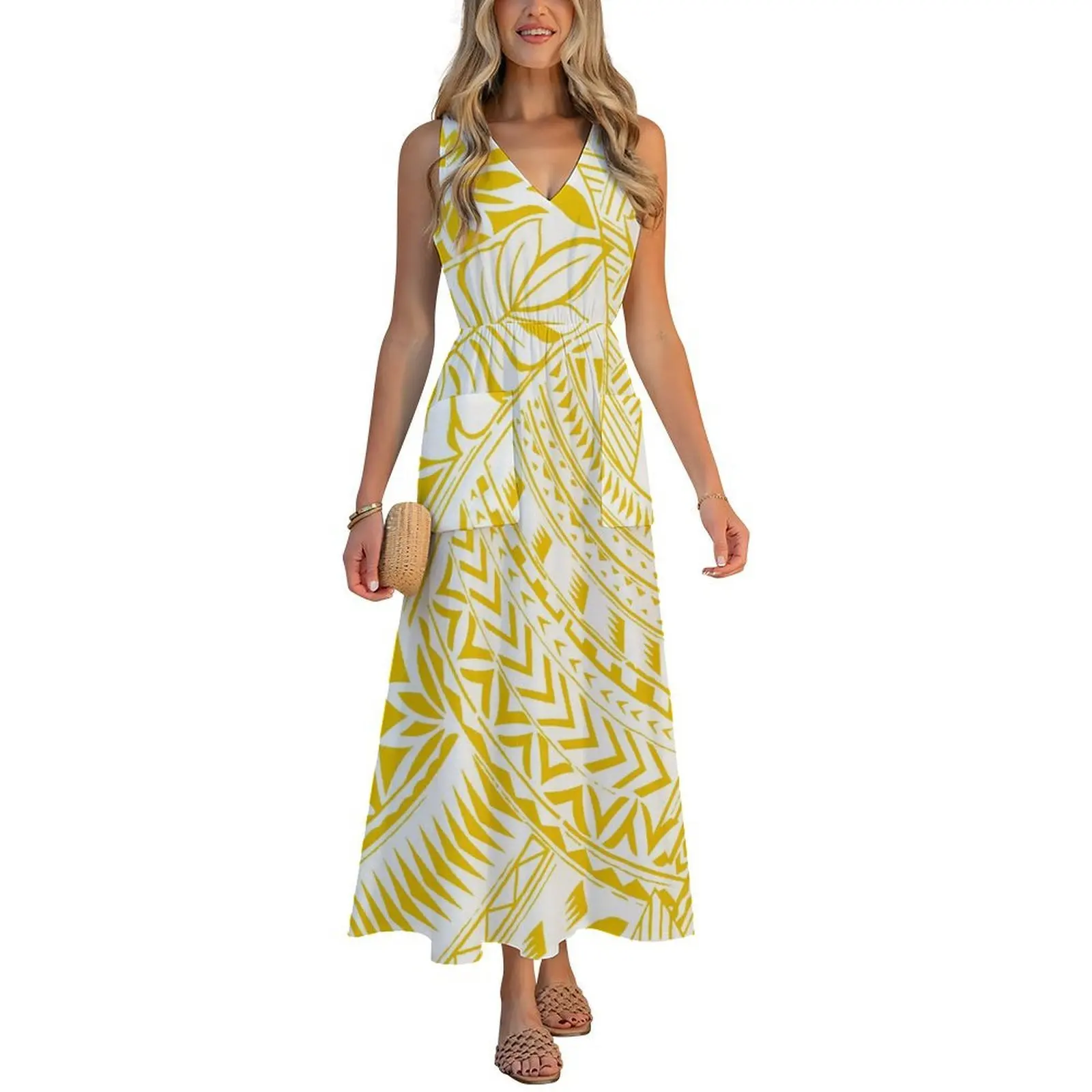 Comfortable Fabric Hawaiian Women'S Custom Stylish V-Neck Fitted Backless Top With Waistband And Utility Bag Women'S Dress
