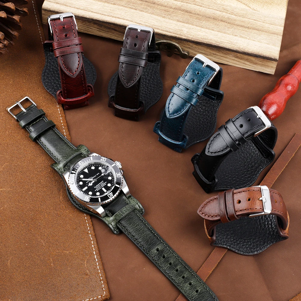 Oil Wax Leather Bund Strap 18mm 19mm 20mm 21mm 22mm Watch Band Handmade Genuine Leather Watch Bund Accessories