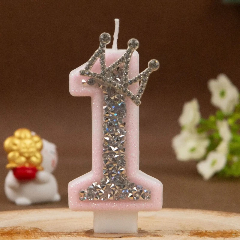 0-9 Pink Glitter Number Candle with Silver Rhinestone Crown Kids Birthday Cake Topper Party Decor