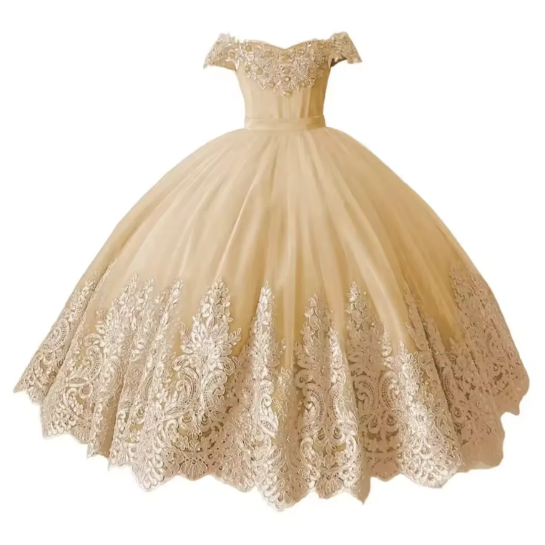 Vestido de niña de flores con hombros descubiertos y lazo lujoso bordado dorado rojo rosa para niños fiestas de cumpleaños bodas Banqu