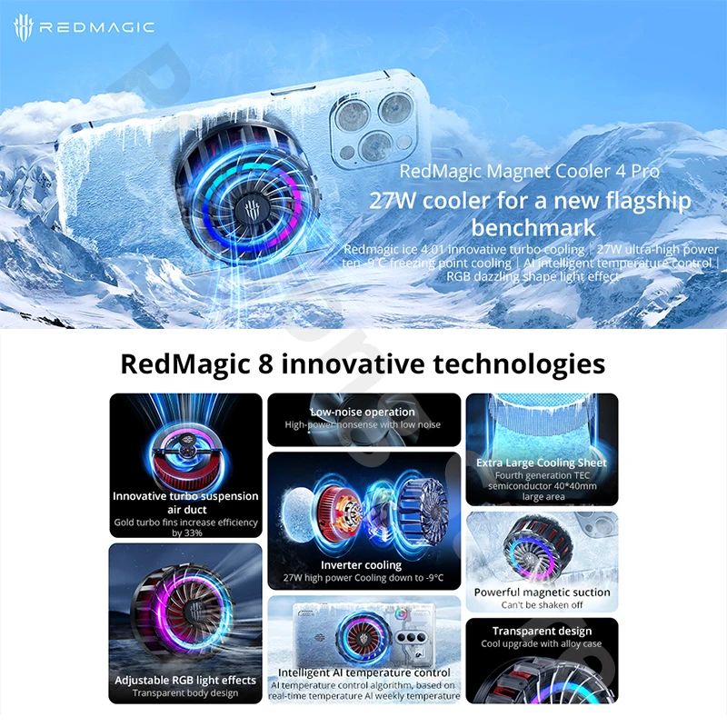 RedMagic Magnetic Cooler 4 Pro ICE Cooler 27W Ultra Magnet Design RedMagic Cooler 4 Pro Magnetic for Redmagic 8 pro Oneplus 11