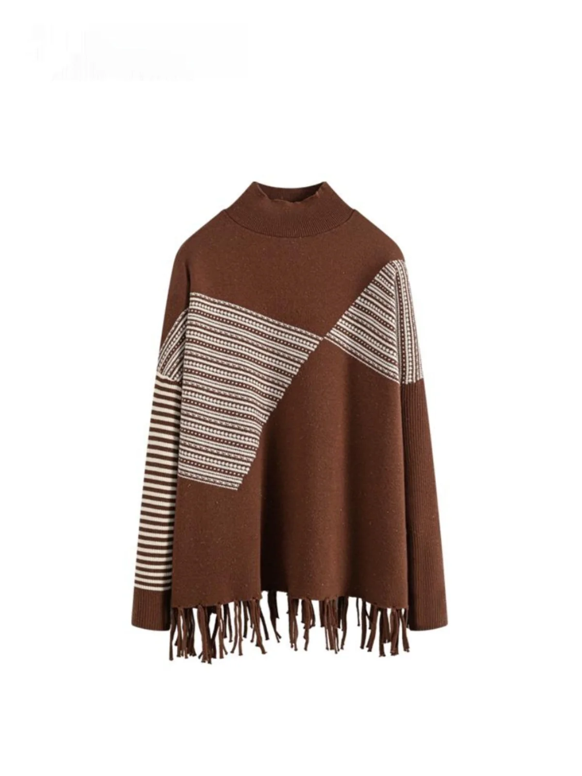 

Свободный вязаный свитер женский больших размеров с высоким воротником, весенний, модный, с бахромой, эффект стройности, корейский стиль, хлопковая смесь