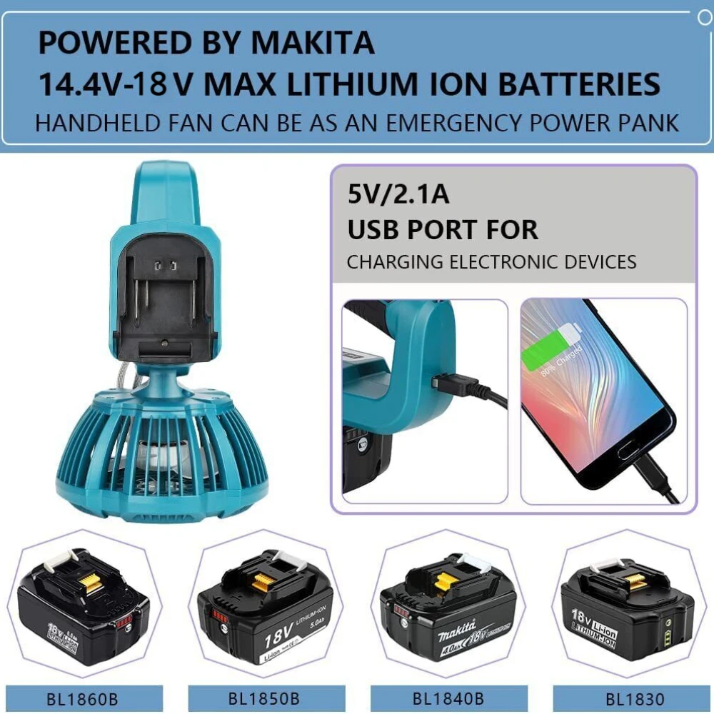 Imagem -04 - Cordless Camping Fan com Luz Led Ventilador de Mesa para Makita Bosch Dewalt Milwaukee Artesão Black & Decker 14.4v18v Bateria