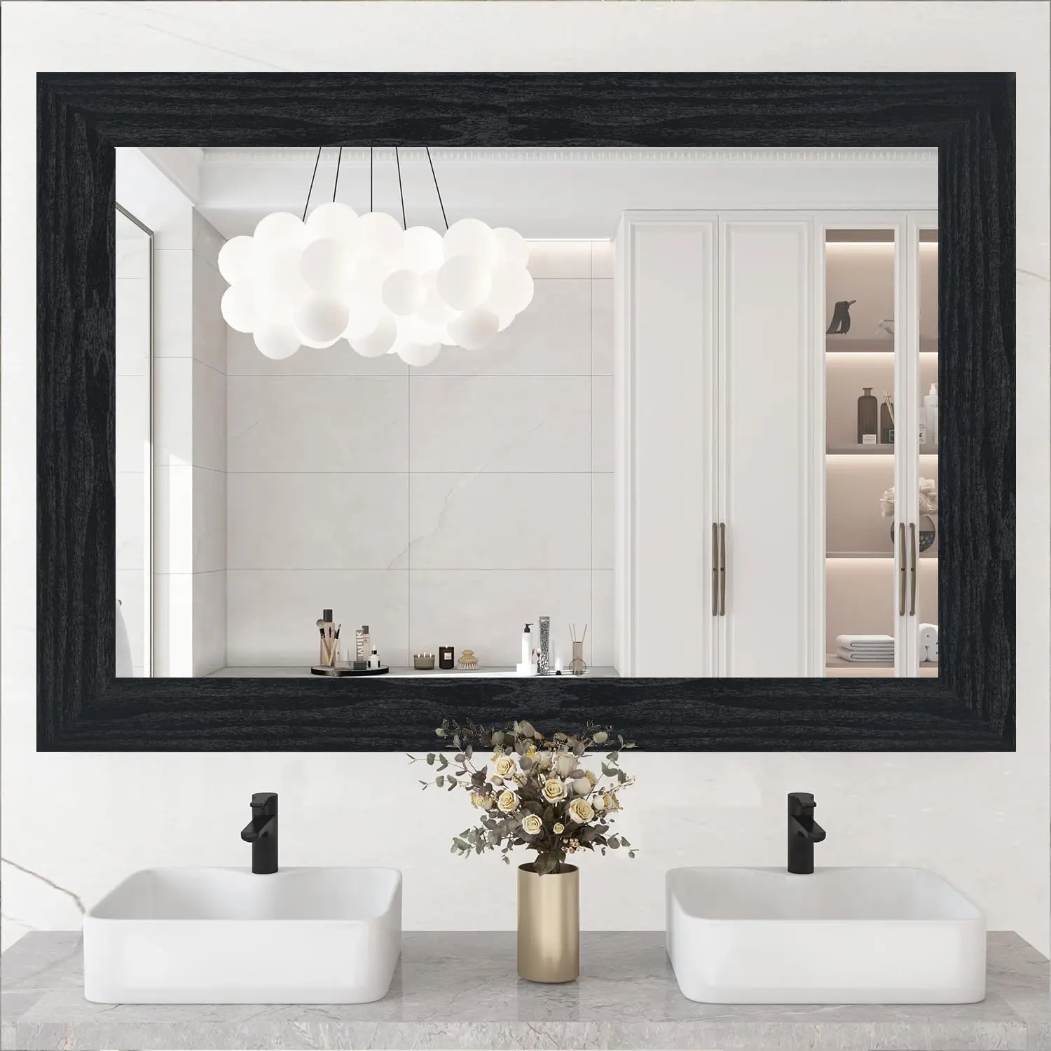 33FT black border peeled black wood grain wallpaper border detachable waterproof bathroom mirror frame sticker, 2 pieces