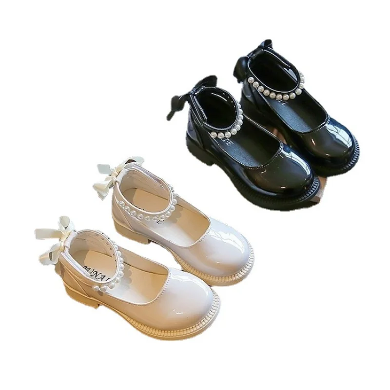 Bow Princess Girl Party Shoes for Kids Mary Jane Shoes Children Dress Black School Shoes Due To Princesses Pearl Leather Shoes