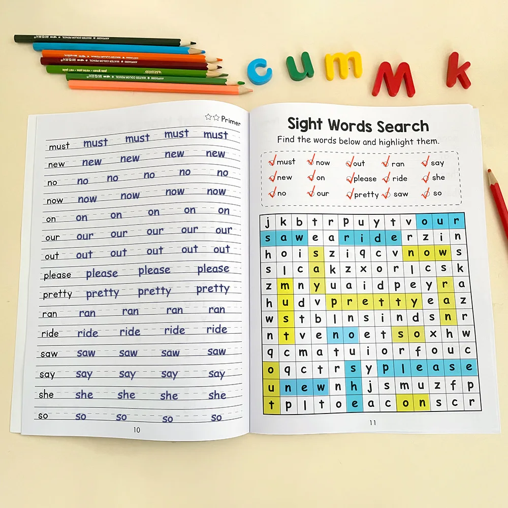 Sight Words Write and Search Game Workbook Preschool English Learning Aids Learn to Read for Beginners Vocabulary Building