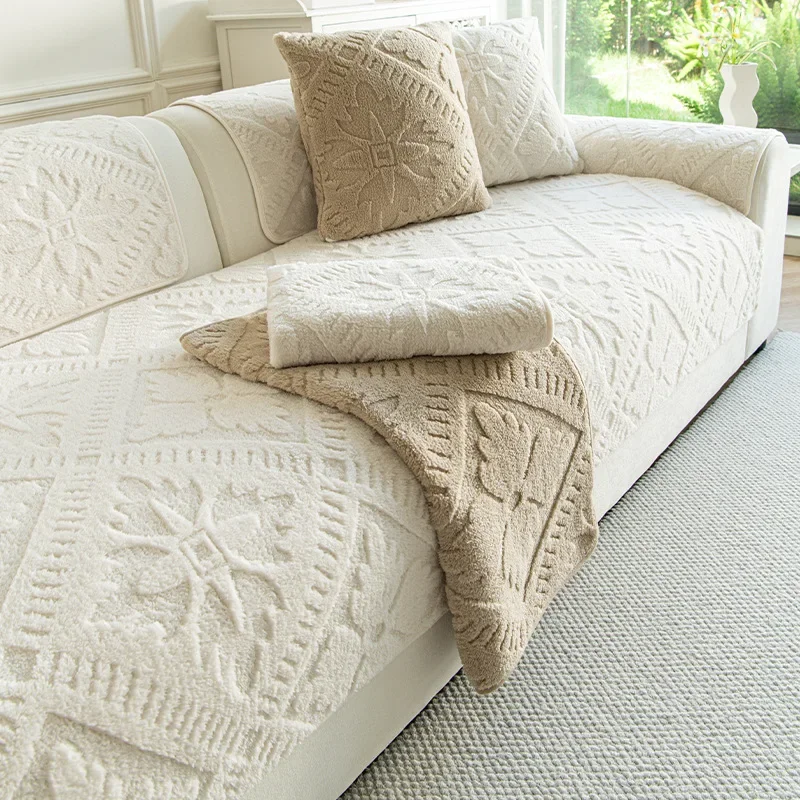 French Cream Style Sofa Cover Fabric New High-end Feeling Fixed Anti Slip Straight Row Sofa Cushion Cover for Autumn and Winter