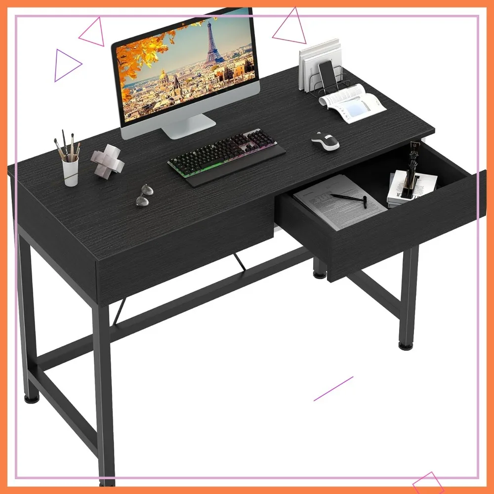 

39.4" Small Computer Desk with Drawer, Simple Modern Home Office Desk for Small Spaces, Black Wooden