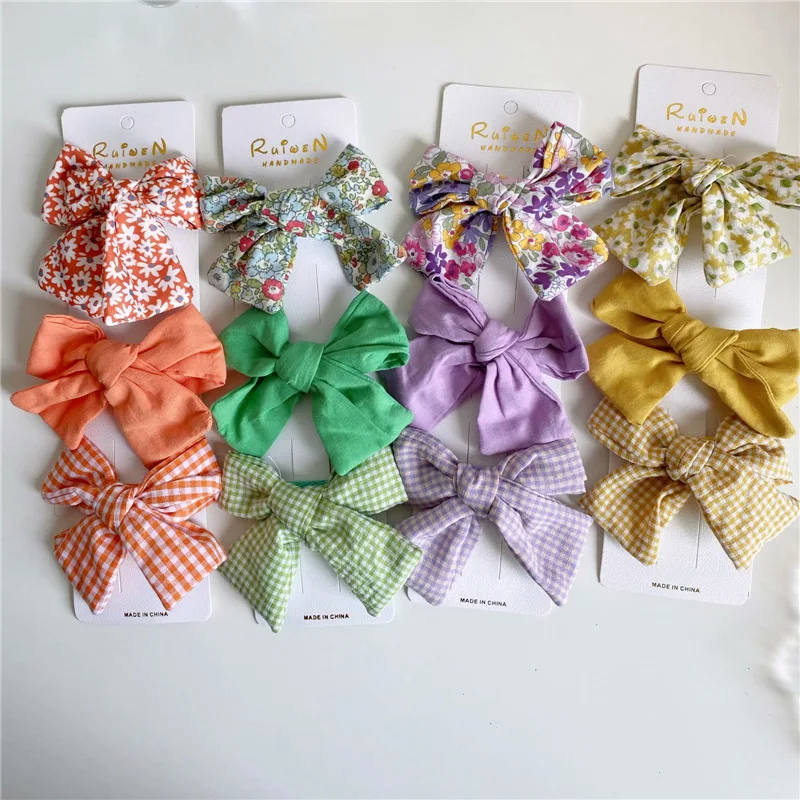 New Korean Style Floral Plaid Cloth Baby Girls Bowknot Hairpin Princess Cute Toddlers Children Headwear Accessories 3pcs/set