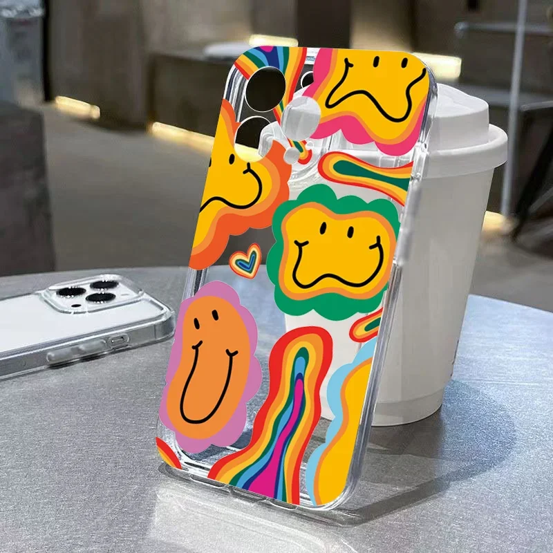 Phone Case For iPhone 16 15 Pro Max 14 13 12 11 XS X XR 7 8 Plus SE2 3  Ins Colorful Sunflower Sky  Pattern Transparent Cover
