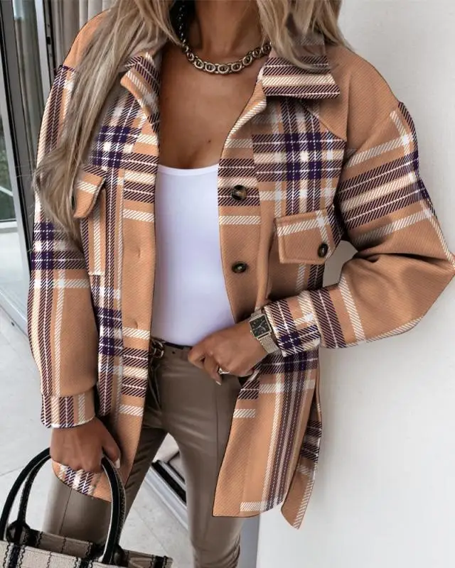 Women's Clothing Autumn and Winter Fashion Tie Plaid Printed Woolen Coat Simple Commuting Style Retro Casual Coat