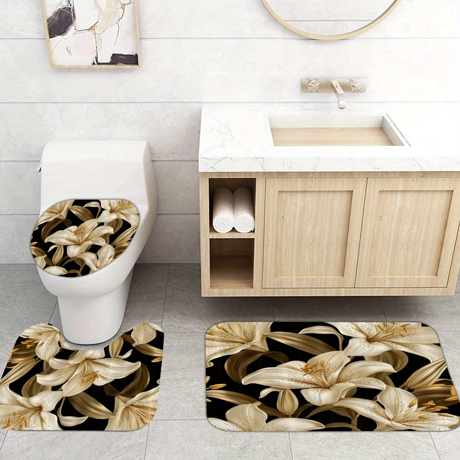 

Декор для ванной комнаты Golden Lily, 3 шт., полиэфирная ткань, можно стирать в машине, U-образный коврик, нескользящий коврик, чехол на сиденье унитаза