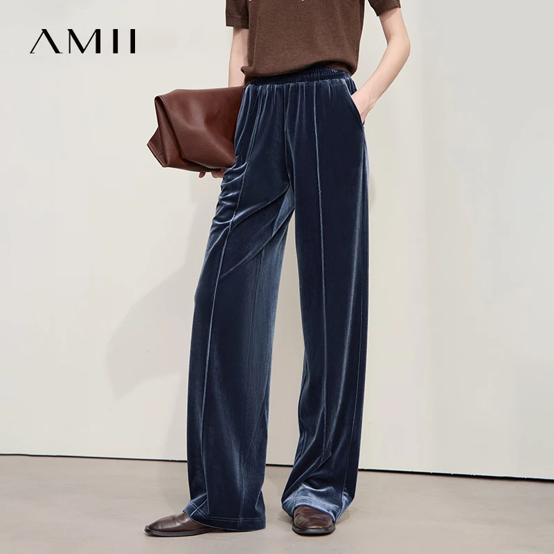 AMII Women's Pants Wide-leg Solid Knitted Pants Casual Woman Trousers 2025 Autumn New Retro Versatile Ladies Clothing 12523110